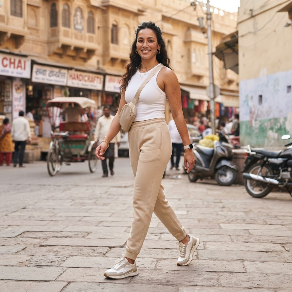 Indian woman wearing WOW QUEENS joggers outdoors