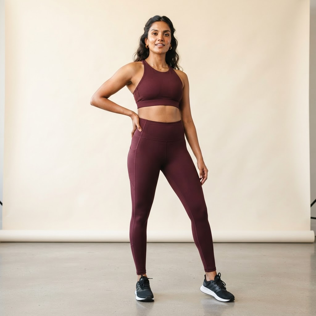 Indian woman wearing WOW QUEENS maroon high-waist leggings and sports bra in a studio
