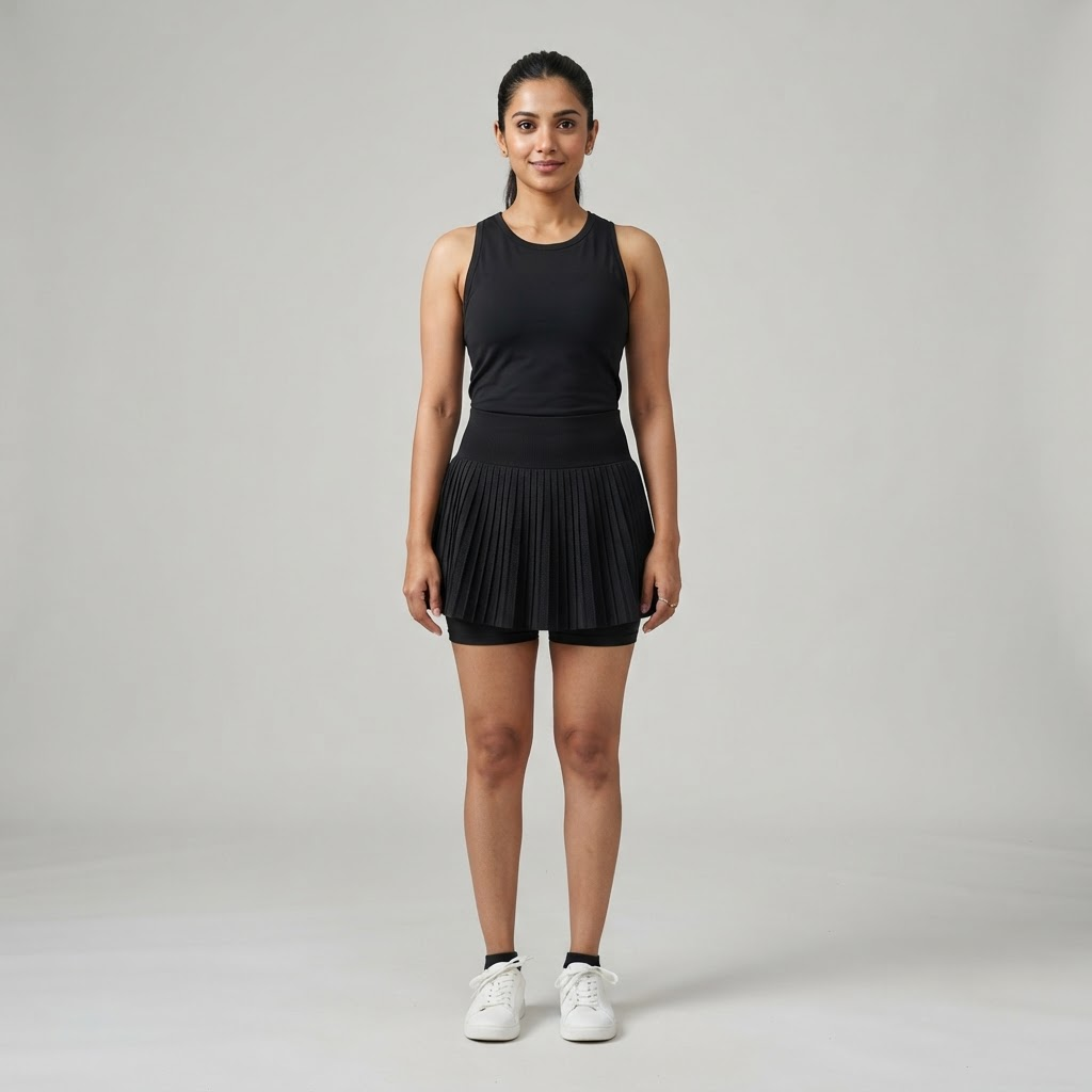 Indian woman wearing WOW QUEENS AeroFlow Seamless Tennis Skirt in Noir Black