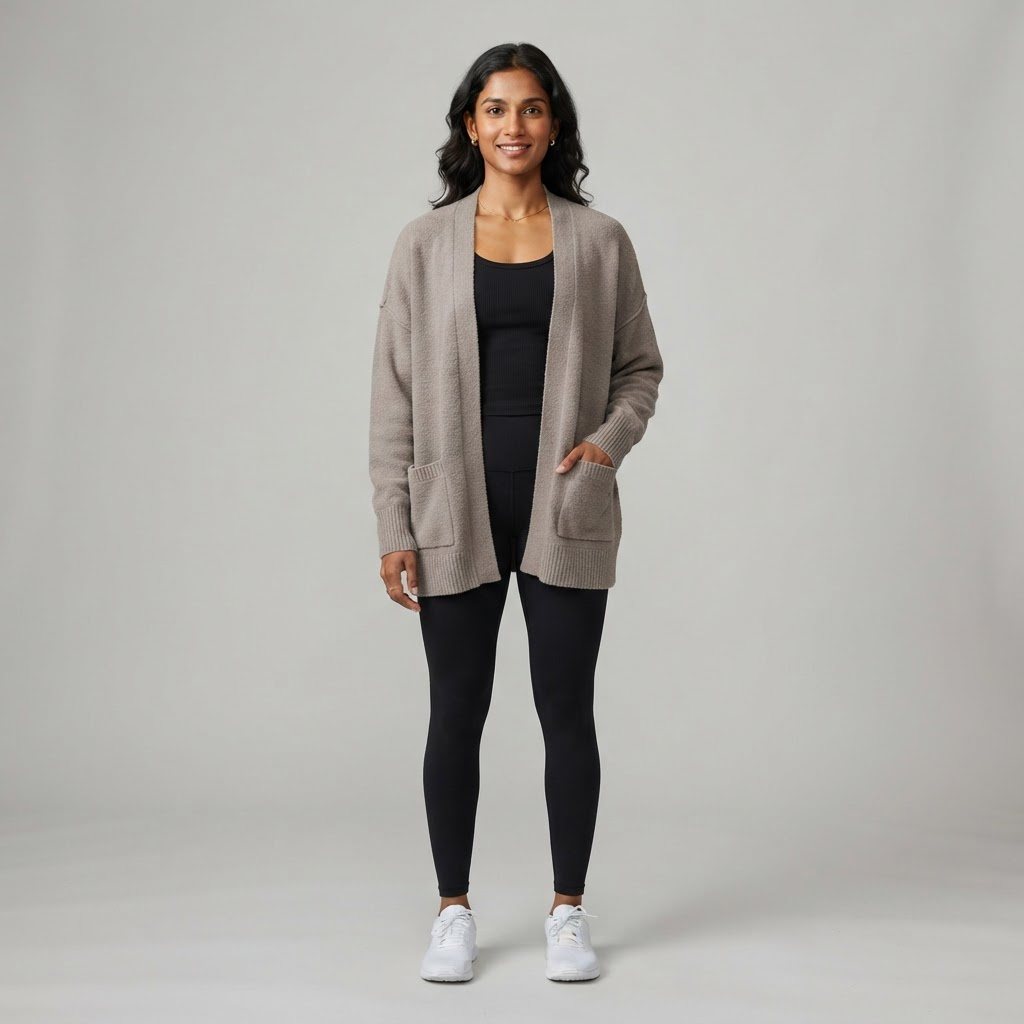 Indian woman wearing WOW QUEENS Air-Layer Relaxed Cardigan in Taupe Grey