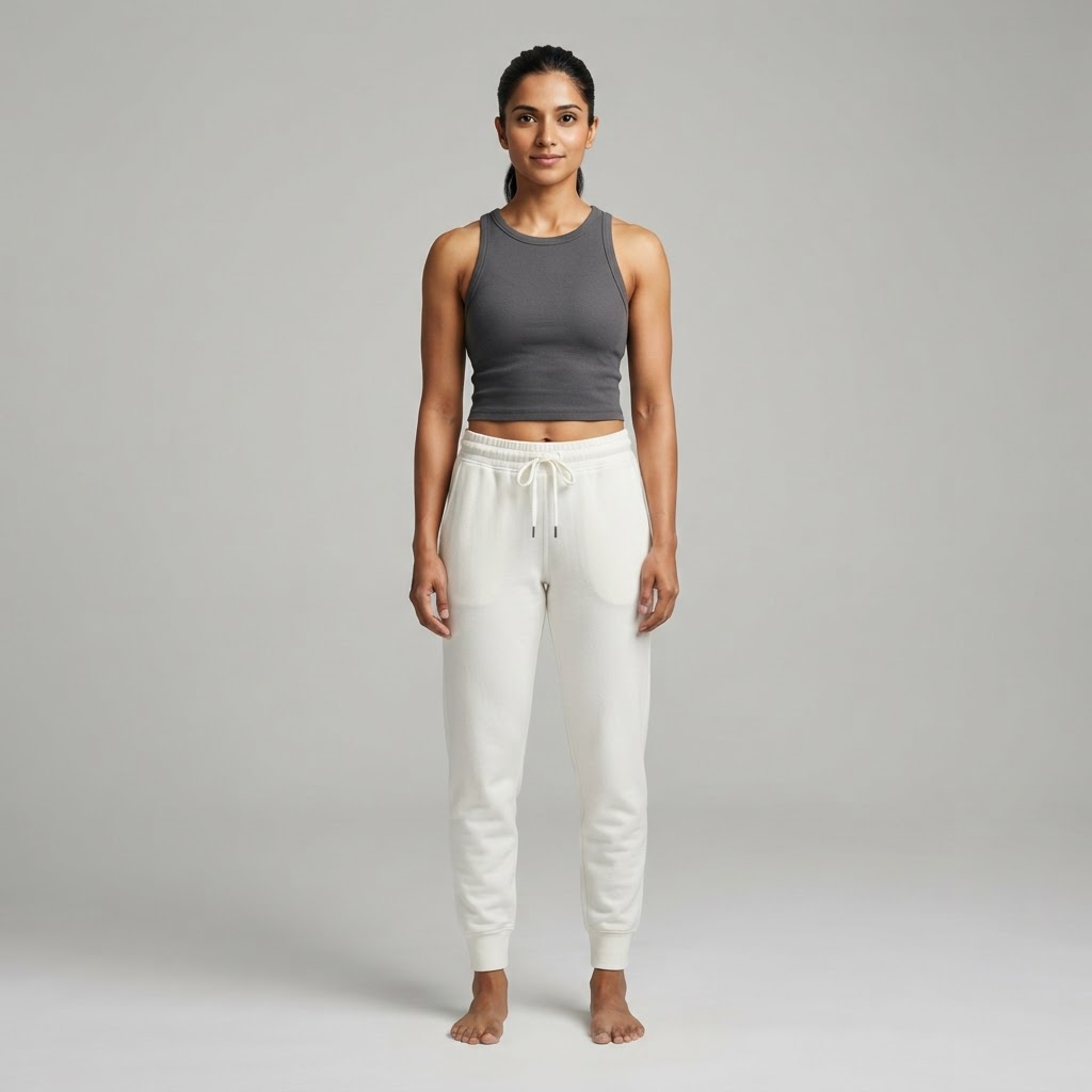 Indian woman wearing WOW QUEENS Air-Layer Relaxed Joggers in Pearl White