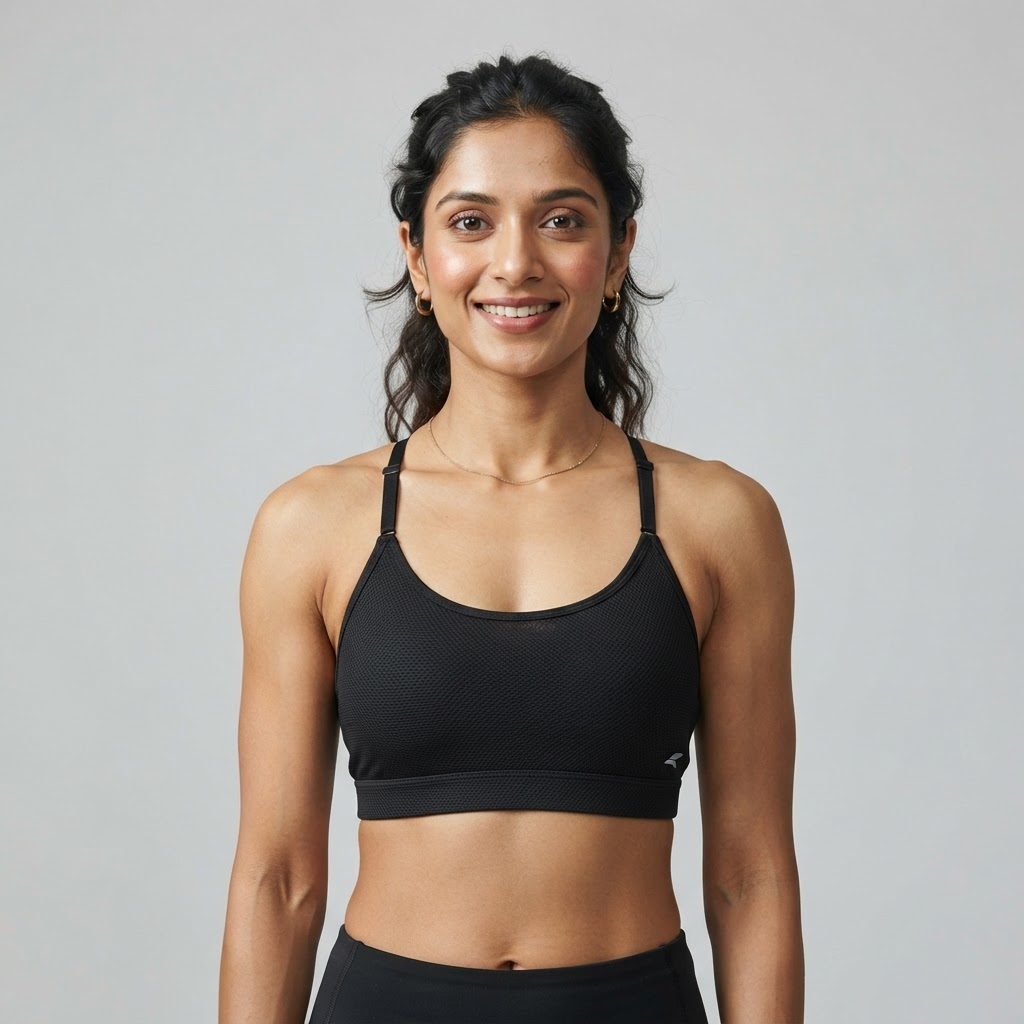Indian woman wearing WOW QUEENS AirQueen Strappy Bra in Noir Black