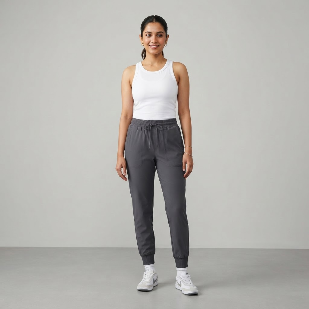 Indian woman wearing WOW QUEENS AirQueen Travel Joggers in Storm Charcoal