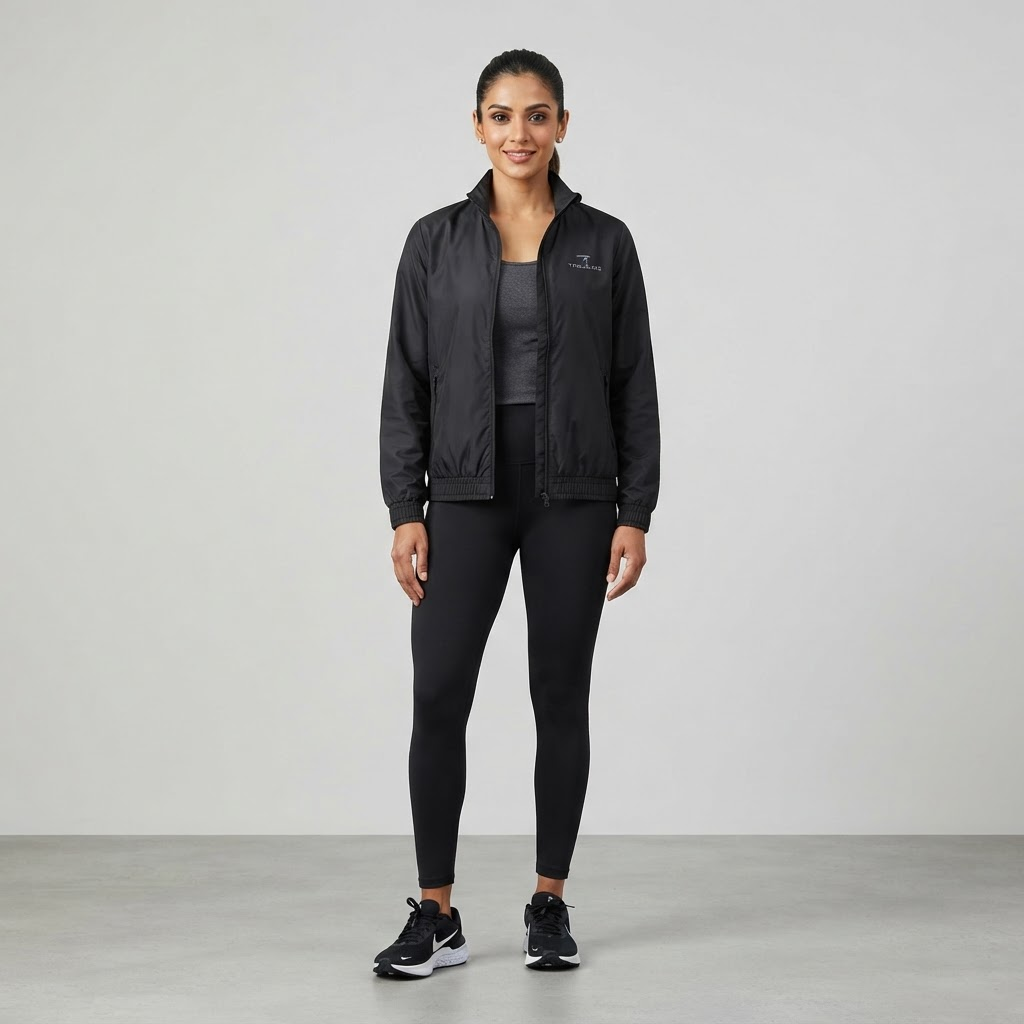 Indian woman wearing WOW QUEENS AirQueen Windbreaker in Noir Black