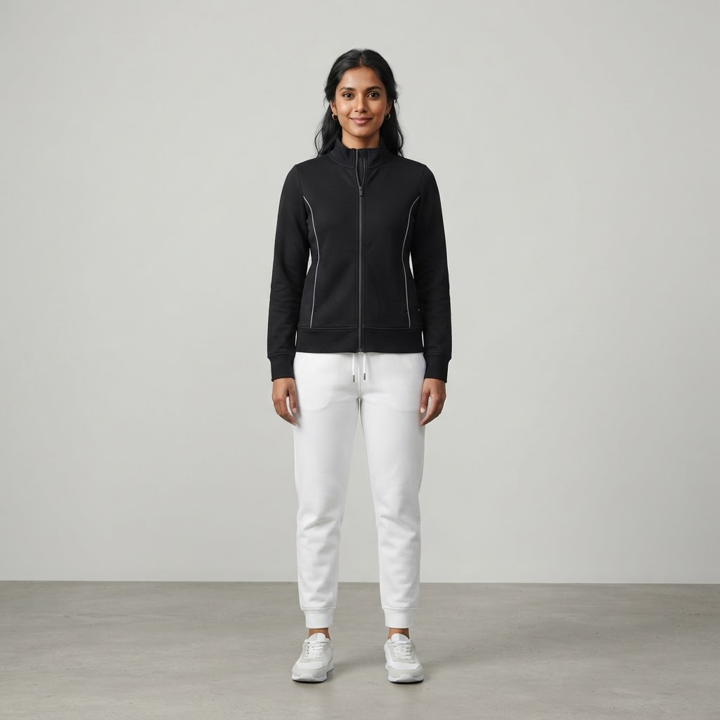 Indian woman wearing WOW QUEENS AllFit Cotton-Feel Stretch Jacket in Noir Black