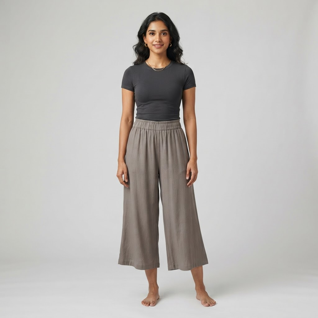 Indian woman wearing WOW QUEENS Breezy Wide-Leg Culottes in Taupe Grey