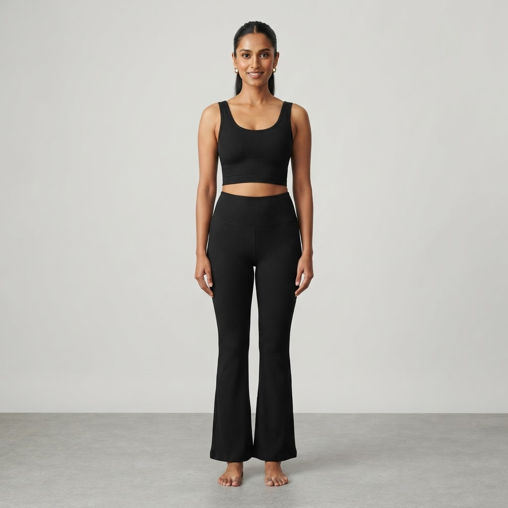 Indian woman wearing WOW QUEENS ButterRib Flare Pants in Noir Black
