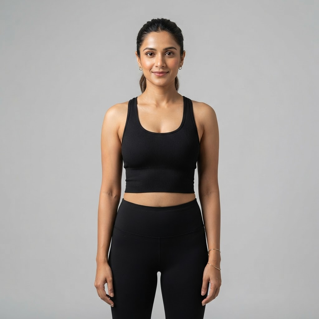 Indian woman wearing WOW QUEENS ButterRib Longline Bra in Noir Black
