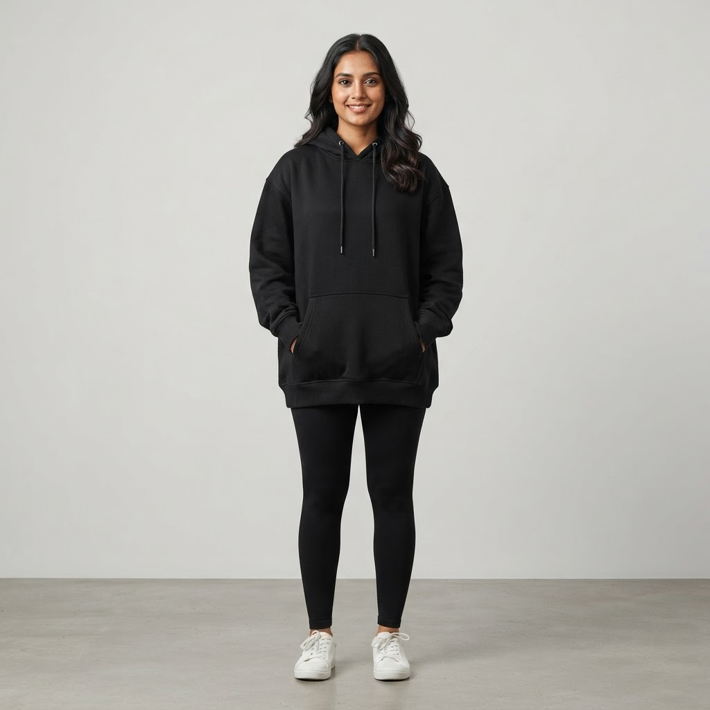 Indian woman wearing WOW QUEENS ButterRib Pullover Hoodie in Noir Black
