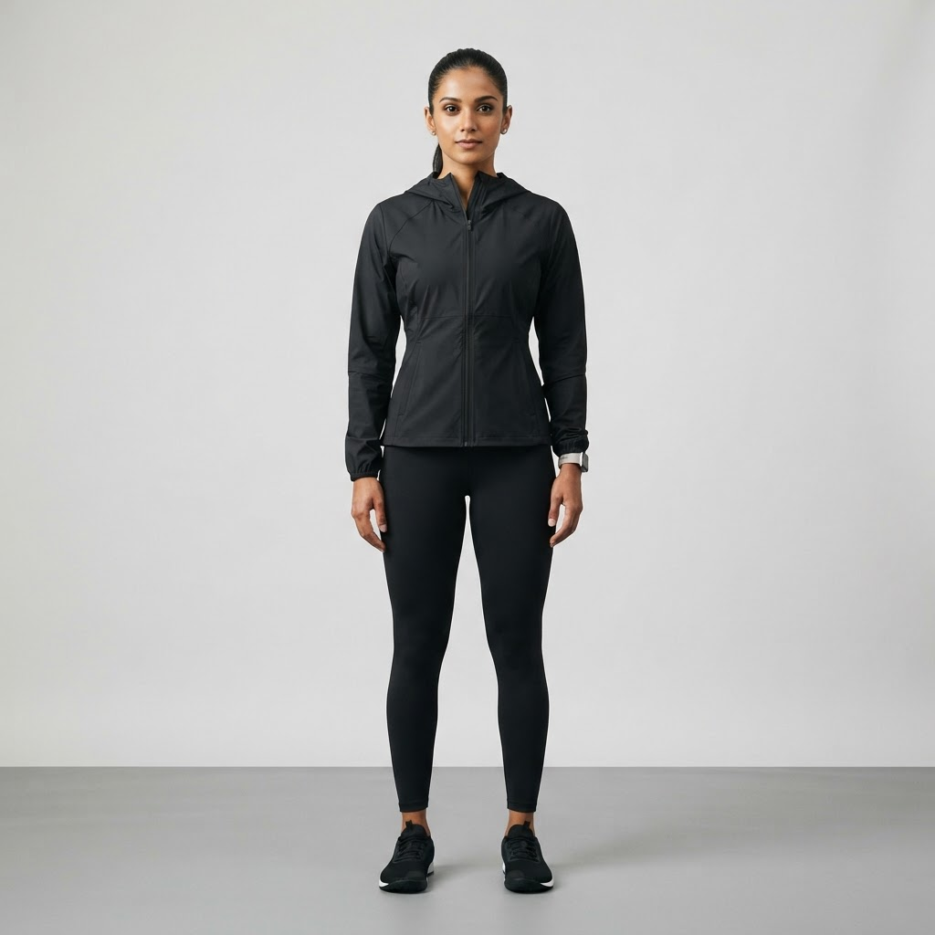 Indian woman wearing WOW QUEENS Cinch-Waist Windbreaker in Noir Black
