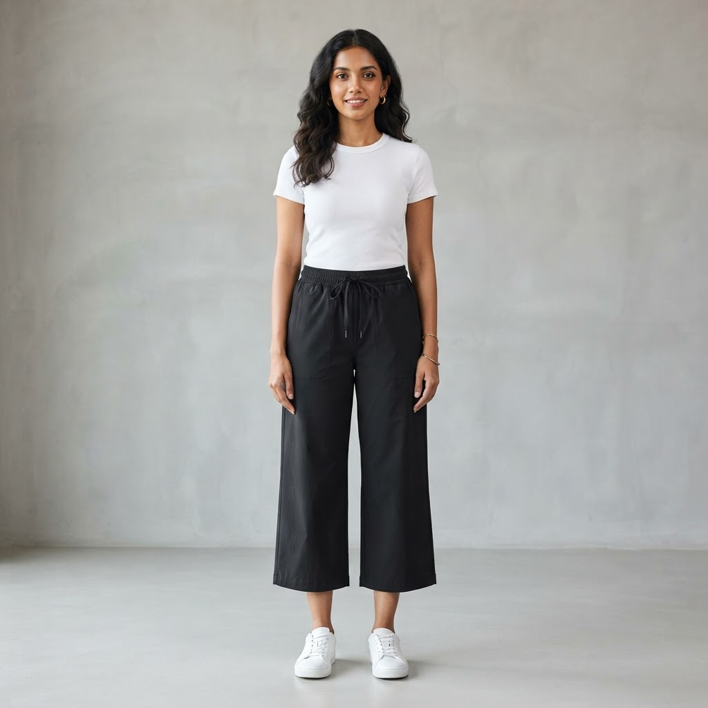 Indian woman wearing WOW QUEENS City Wide-Leg Move Pants in Noir Black