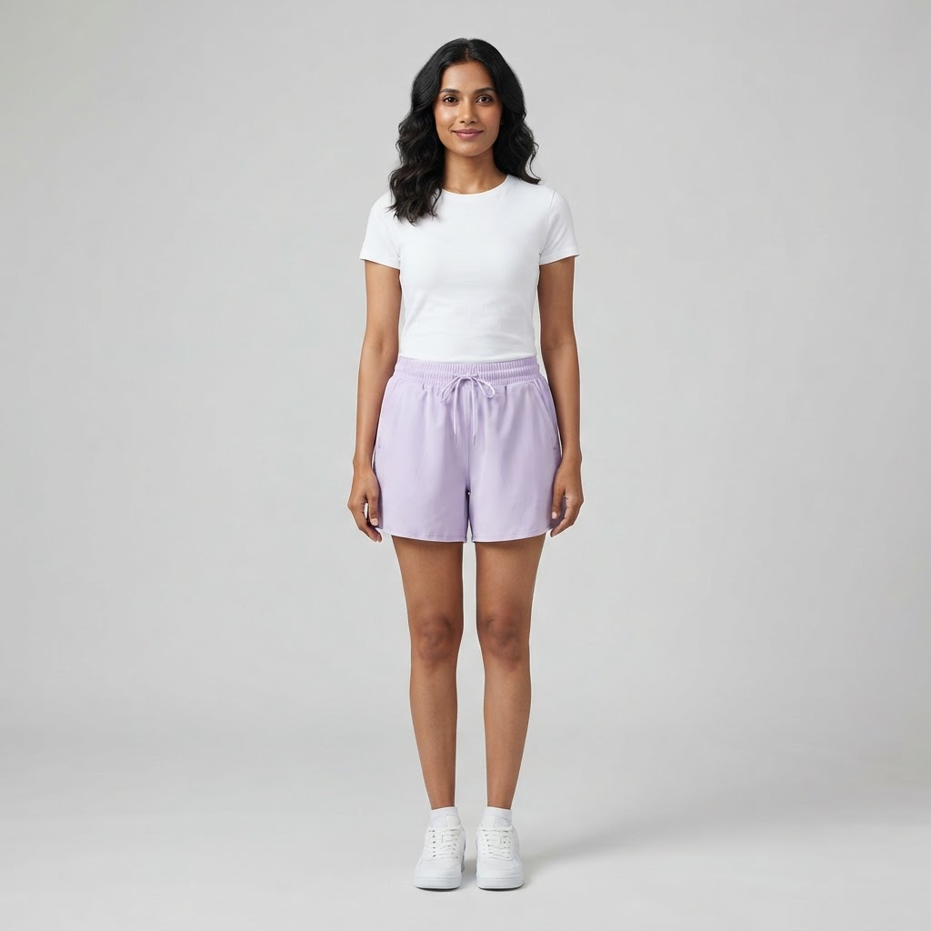 Indian woman wearing WOW QUEENS Cloudlight Drawstring Shorts in Dusty Lilac