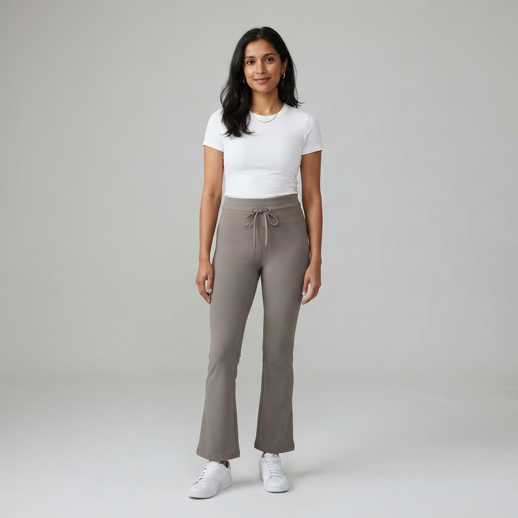 Indian woman wearing WOW QUEENS Cloudsoft Tummy-Control Flare Pants in Taupe Grey