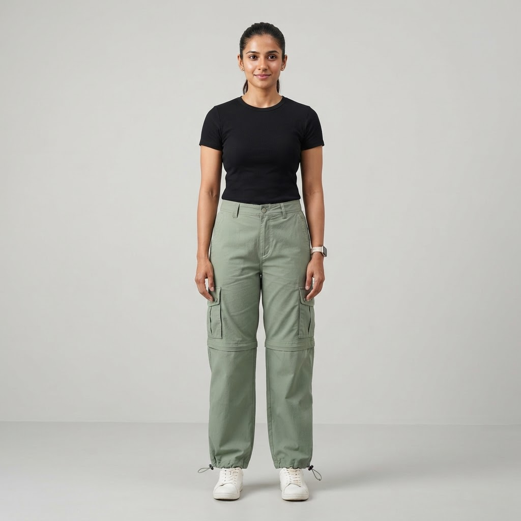 Indian woman wearing WOW QUEENS Convertible Drawstring Cargo Pants in Sage Leaf