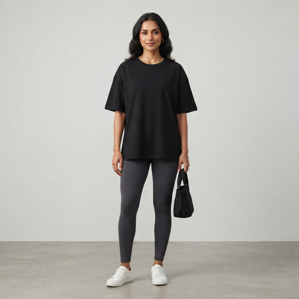 Indian woman wearing WOW QUEENS Cotton-Pro Classic Crew Tee in Noir Black