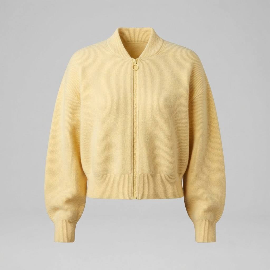 Indian woman wearing WOW QUEENS Cropped Knit Bomber in Butter Yellow