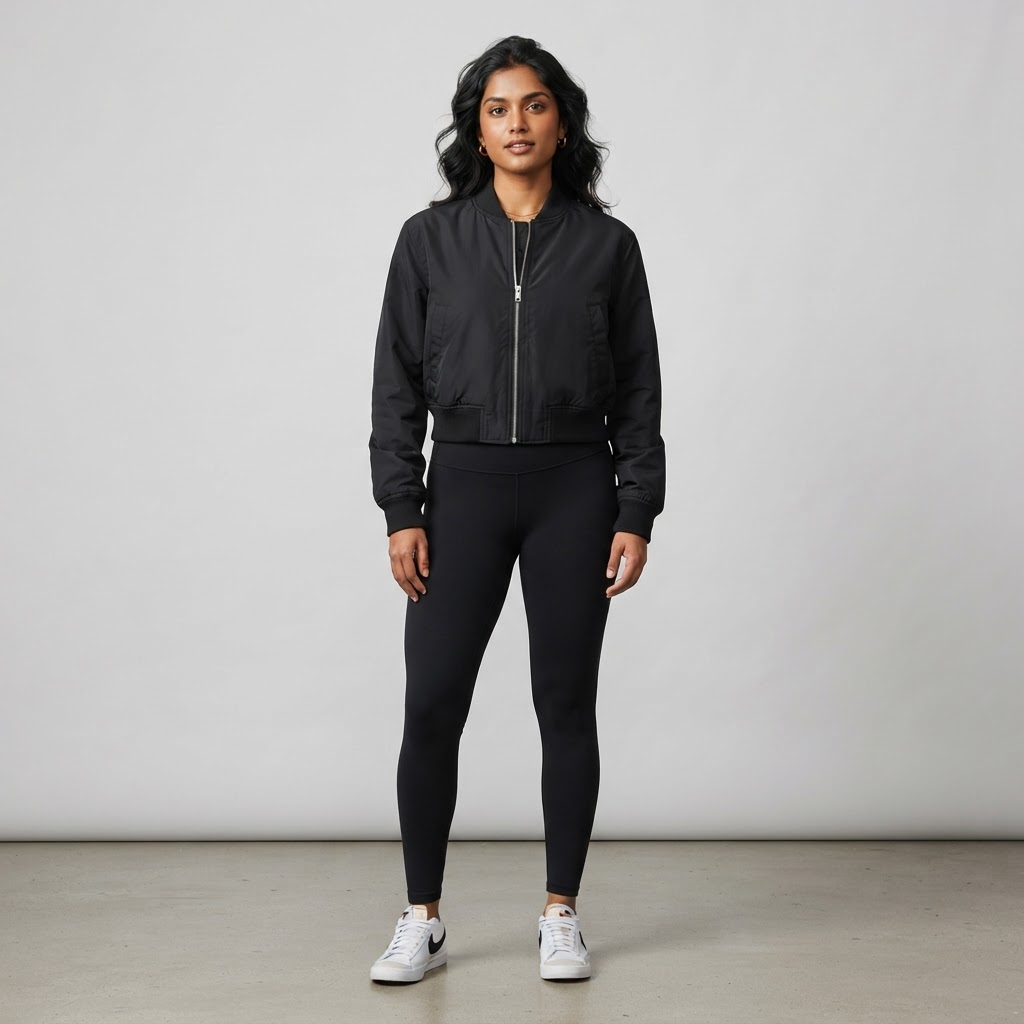 Indian woman wearing WOW QUEENS Cropped Queen Bomber in Noir Black