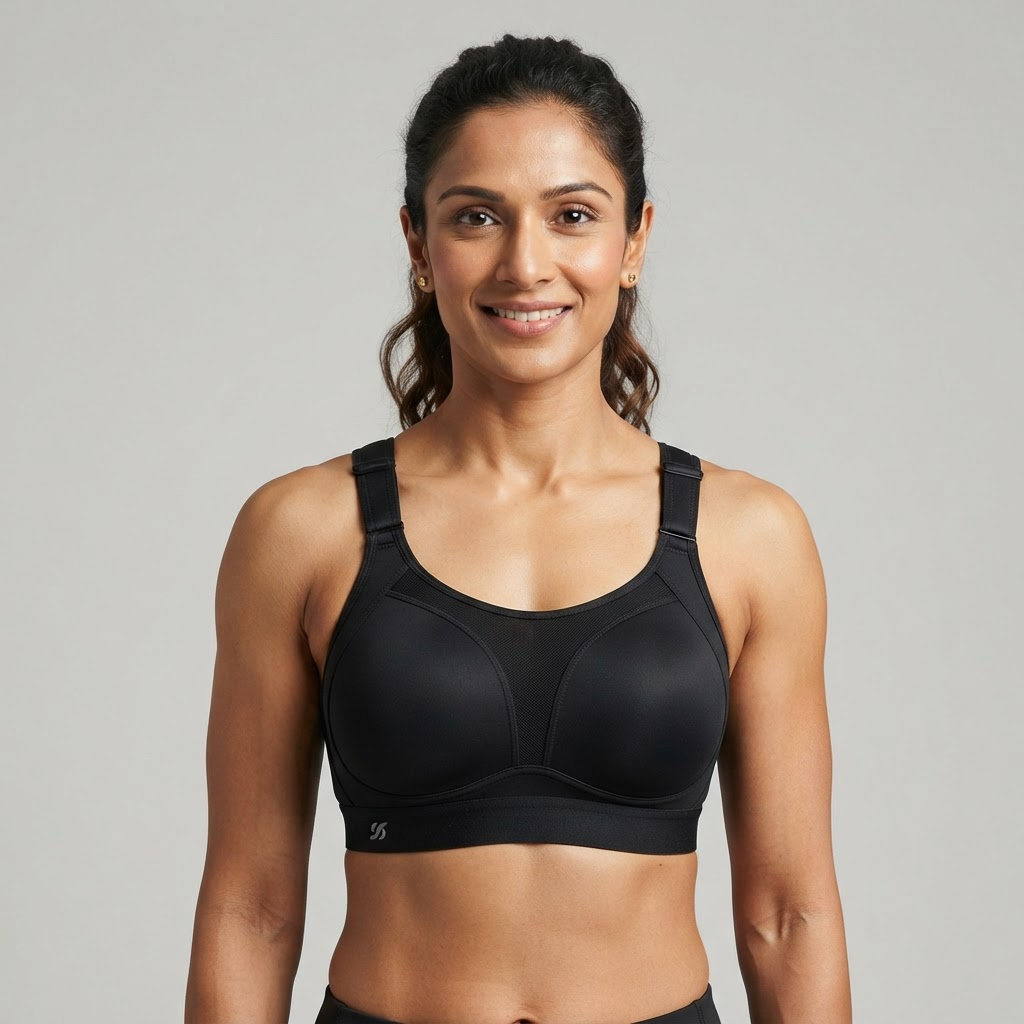 Indian woman wearing WOW QUEENS Crown Support High-Impact Bra in Noir Black