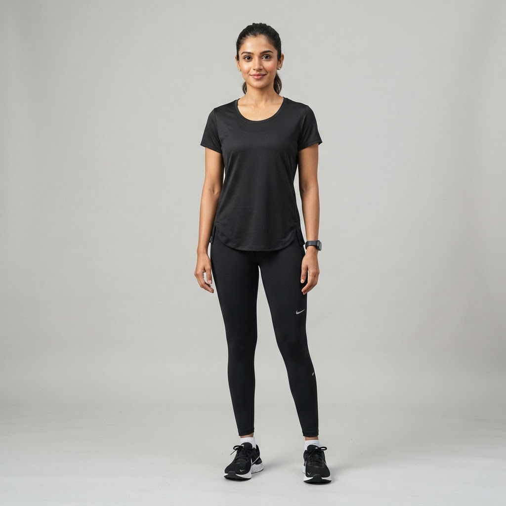 Indian woman wearing WOW QUEENS Curved-Hem Run Tee in Noir Black