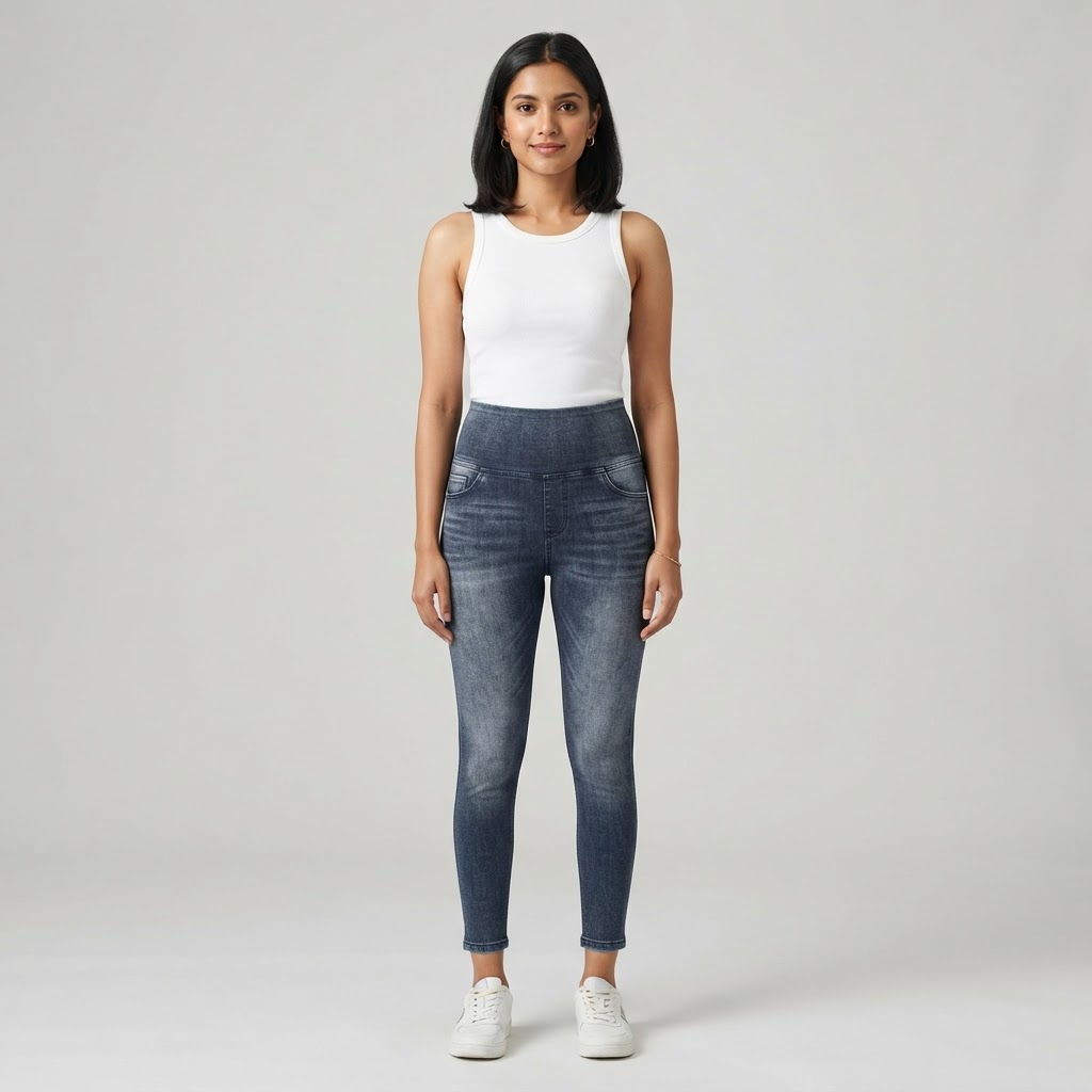 Indian woman wearing WOW QUEENS Denim-Print Sculpt Leggings in Denim Blue