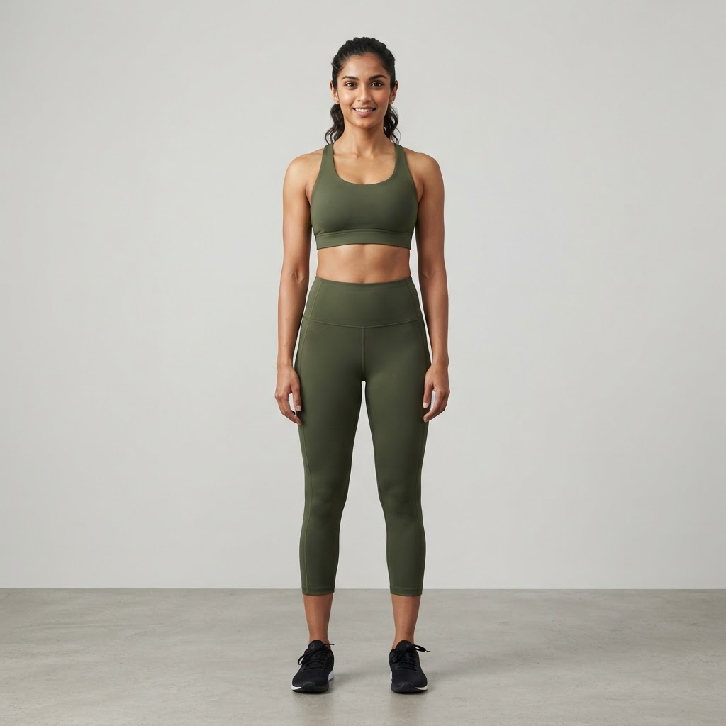 Indian woman wearing WOW QUEENS Double-Brushed Cropped Leggings in Forest Olive