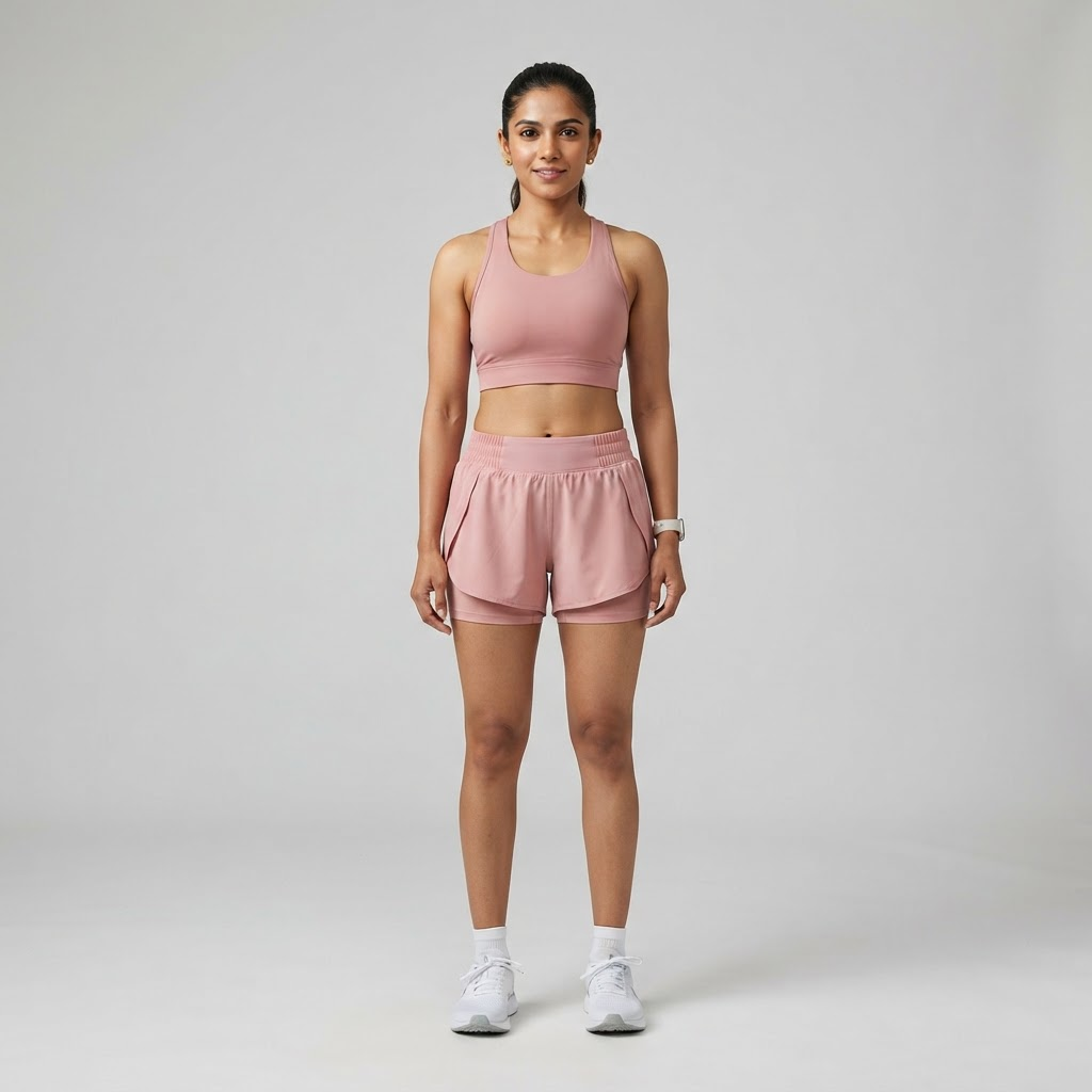 Indian woman wearing WOW QUEENS Double-Layer Liner Running Shorts in Blush Rose