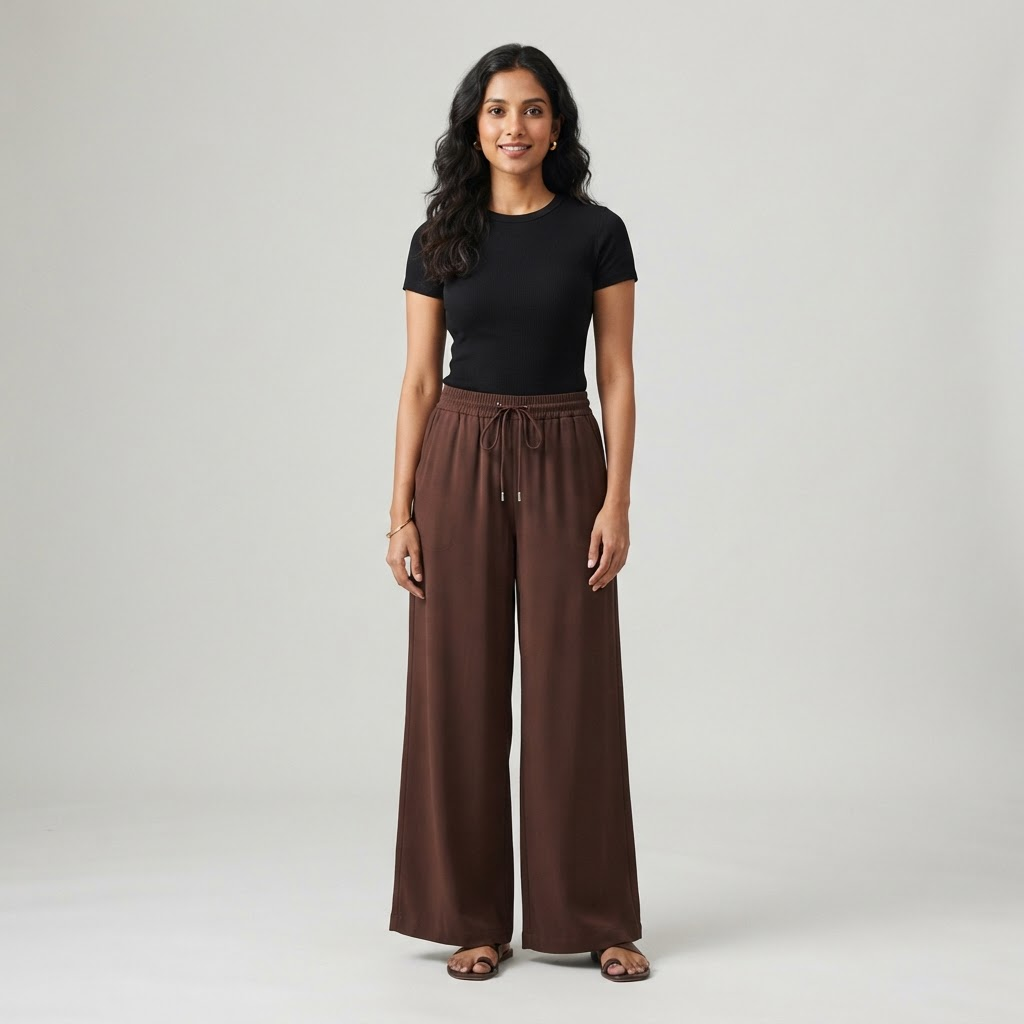 Indian woman wearing WOW QUEENS Drape Wide-Leg Pants in Warm Mocha