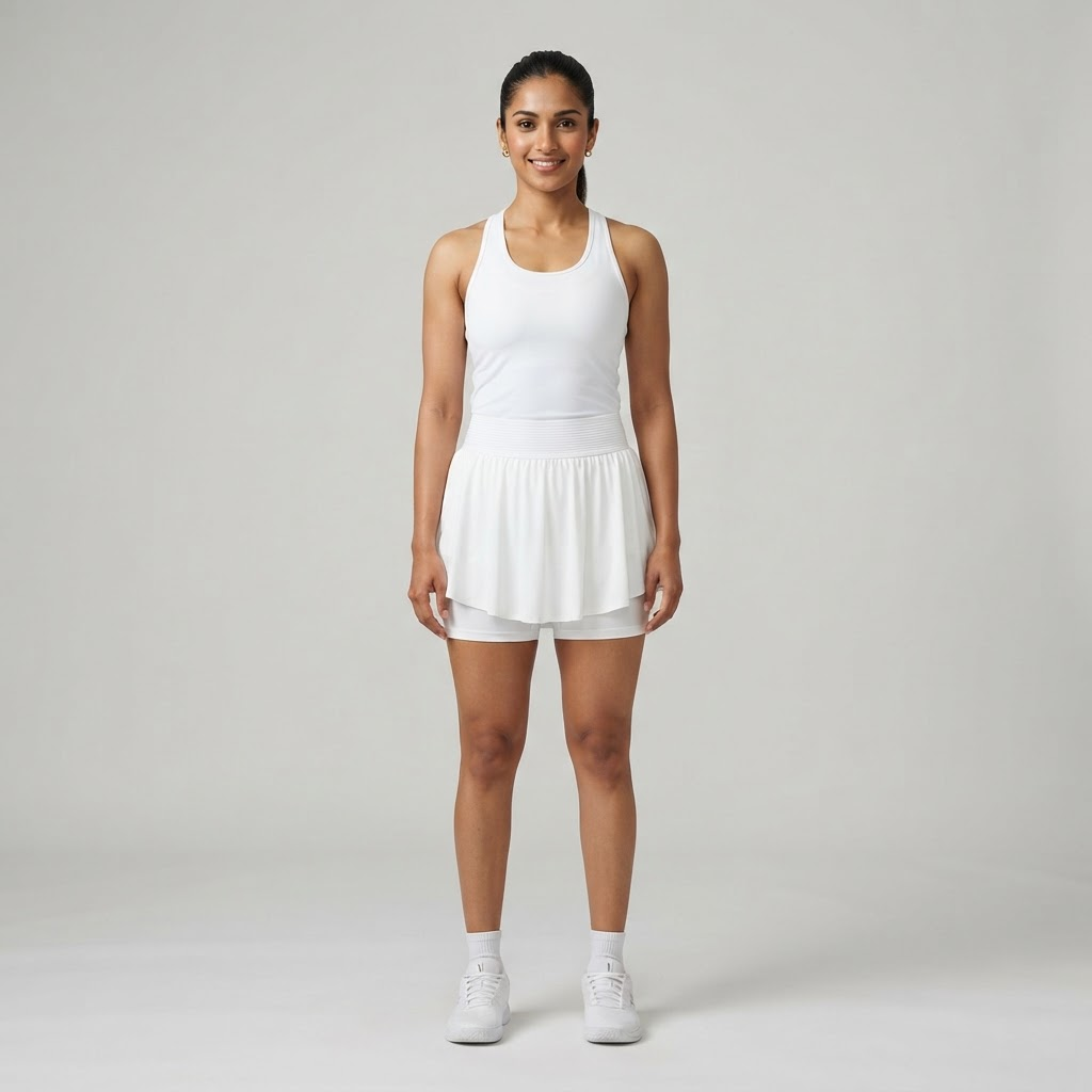 Indian woman wearing WOW QUEENS Fake-Two-Piece Tennis Skort in Pearl White