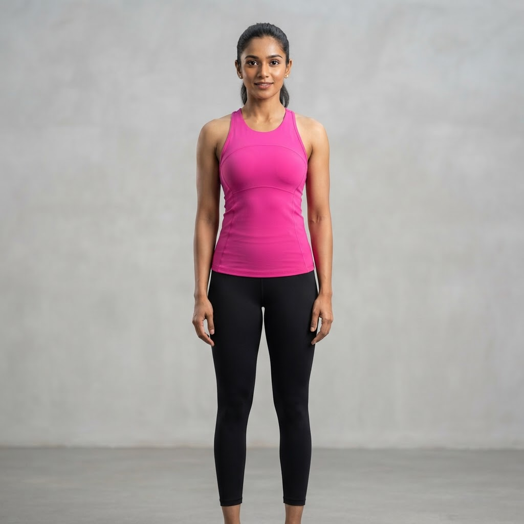Indian woman wearing WOW QUEENS Fixed-Cup Racerback Tank in Magenta Pink