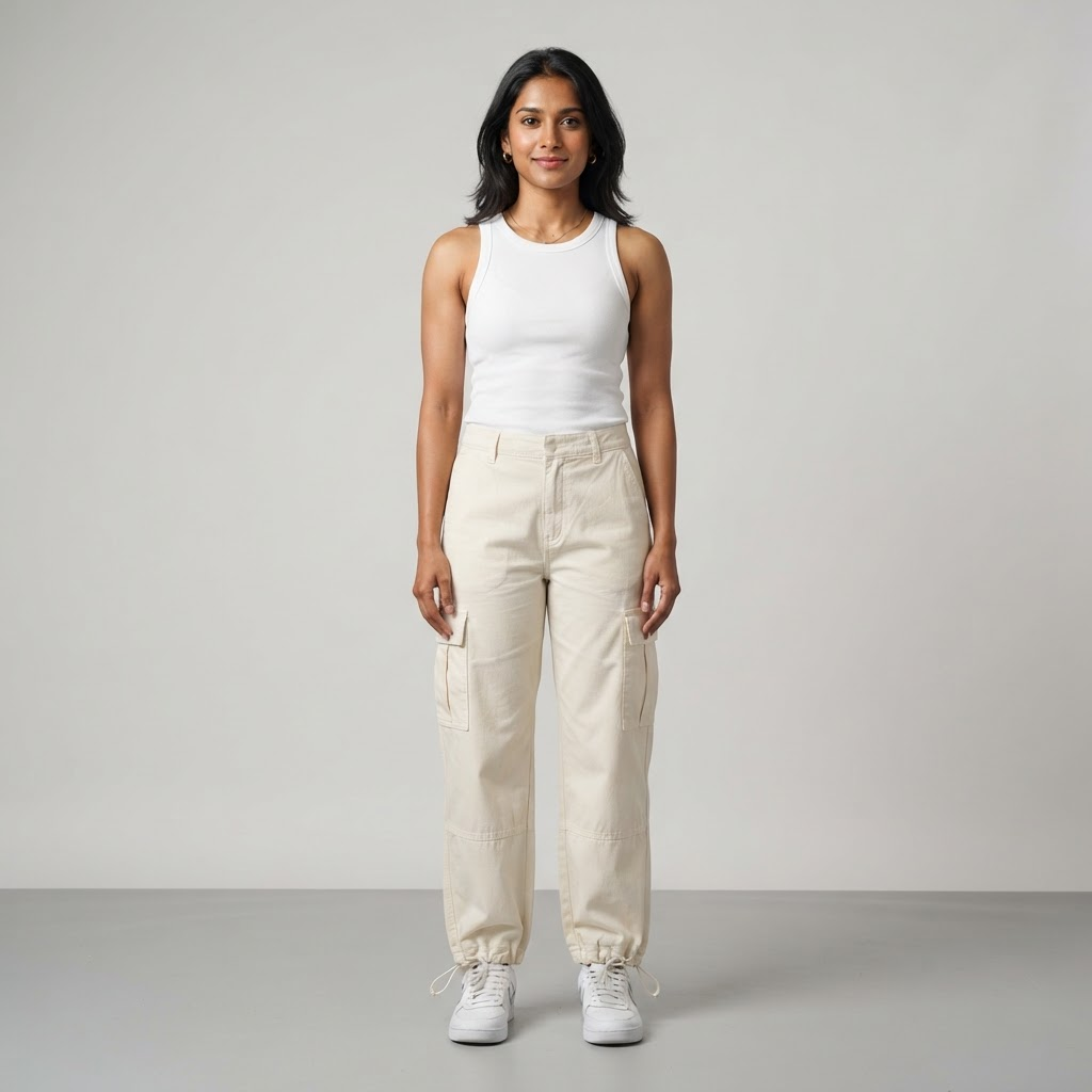 Indian woman wearing WOW QUEENS Fleece-Lined Convertible Cargo Pants in Ivory Cream