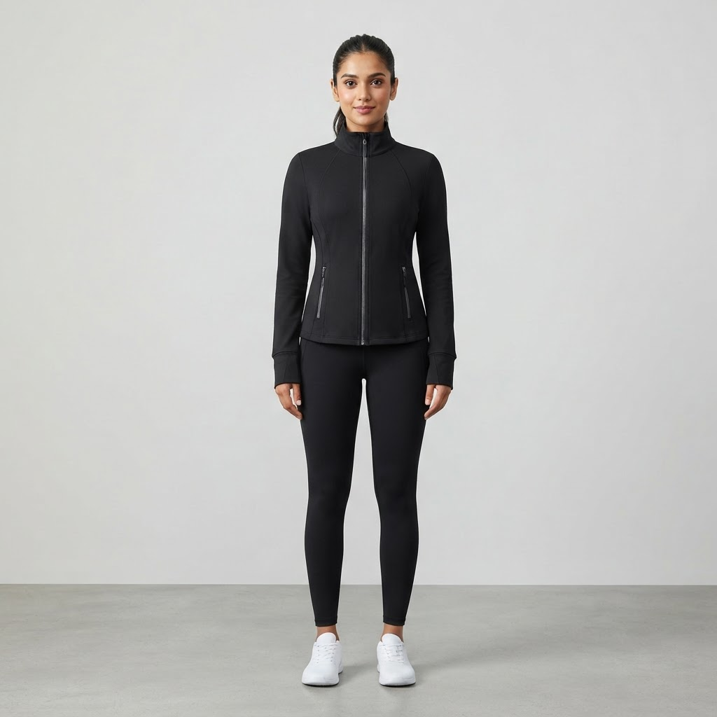 Indian woman wearing WOW QUEENS FlexKnit Zip Jacket in Noir Black