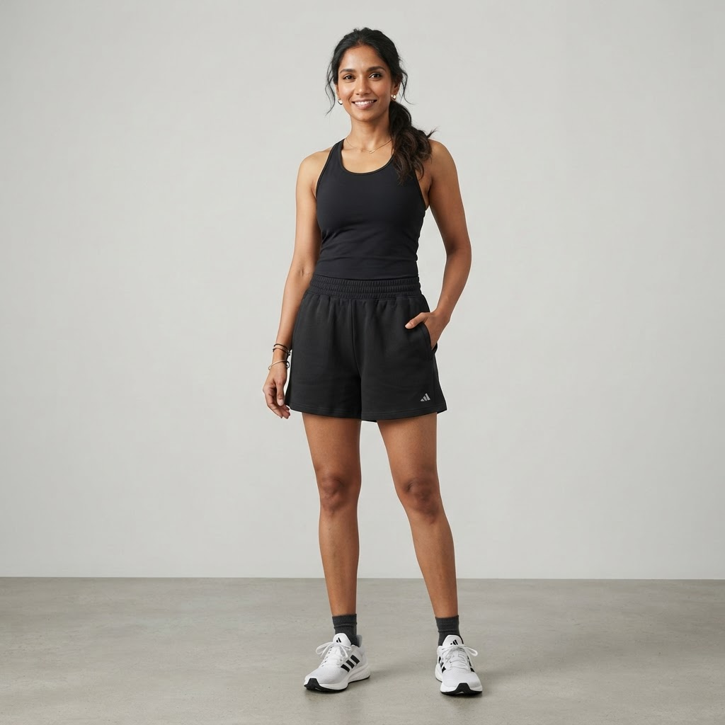 Indian woman wearing WOW QUEENS Groove Cotton-Feel Training Shorts in Noir Black