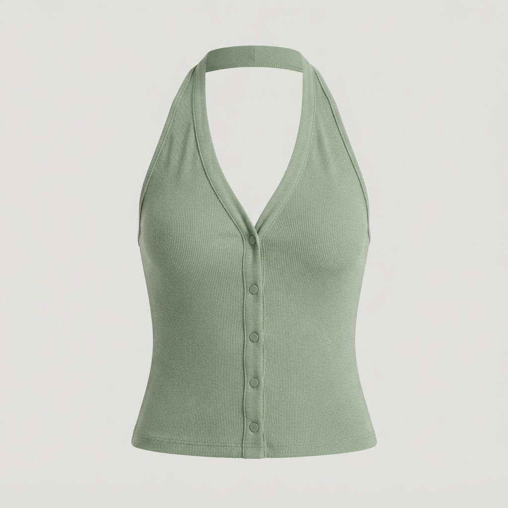 Indian woman wearing WOW QUEENS Halter Button Top in Sage Leaf