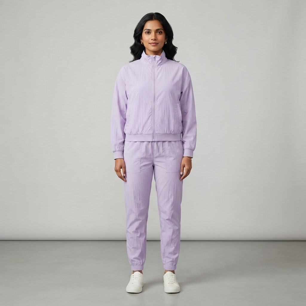 Indian woman wearing WOW QUEENS Heritage Track Jacket in Dusty Lilac