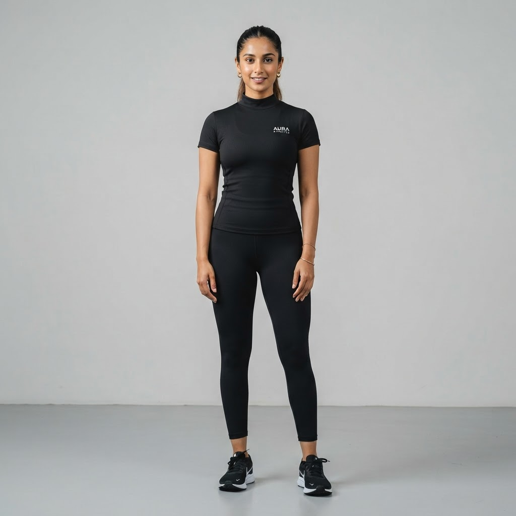 Indian woman wearing WOW QUEENS High-Neck Training Top in Noir Black