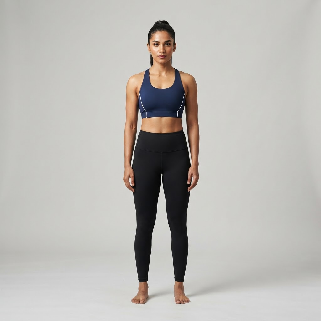 Indian woman wearing WOW QUEENS High-Wrap Racerback Sports Bra in Deep Navy
