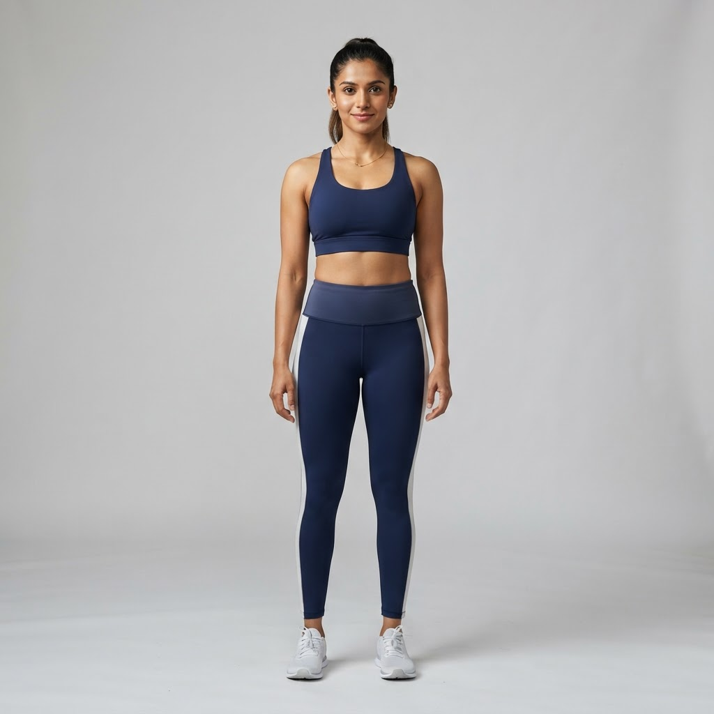 Indian woman wearing WOW QUEENS Jelly-Waist Side-Stripe Leggings in Deep Navy