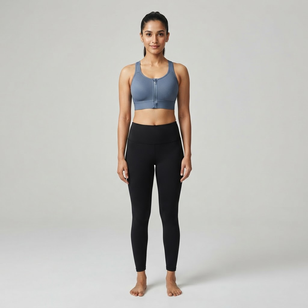 Indian woman wearing WOW QUEENS One-Piece Cup Front-Zip Bra in Slate Blue