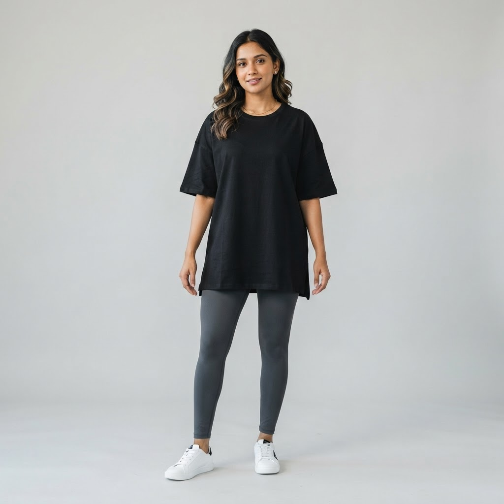 Indian woman wearing WOW QUEENS Oversized Queen Tee in Noir Black