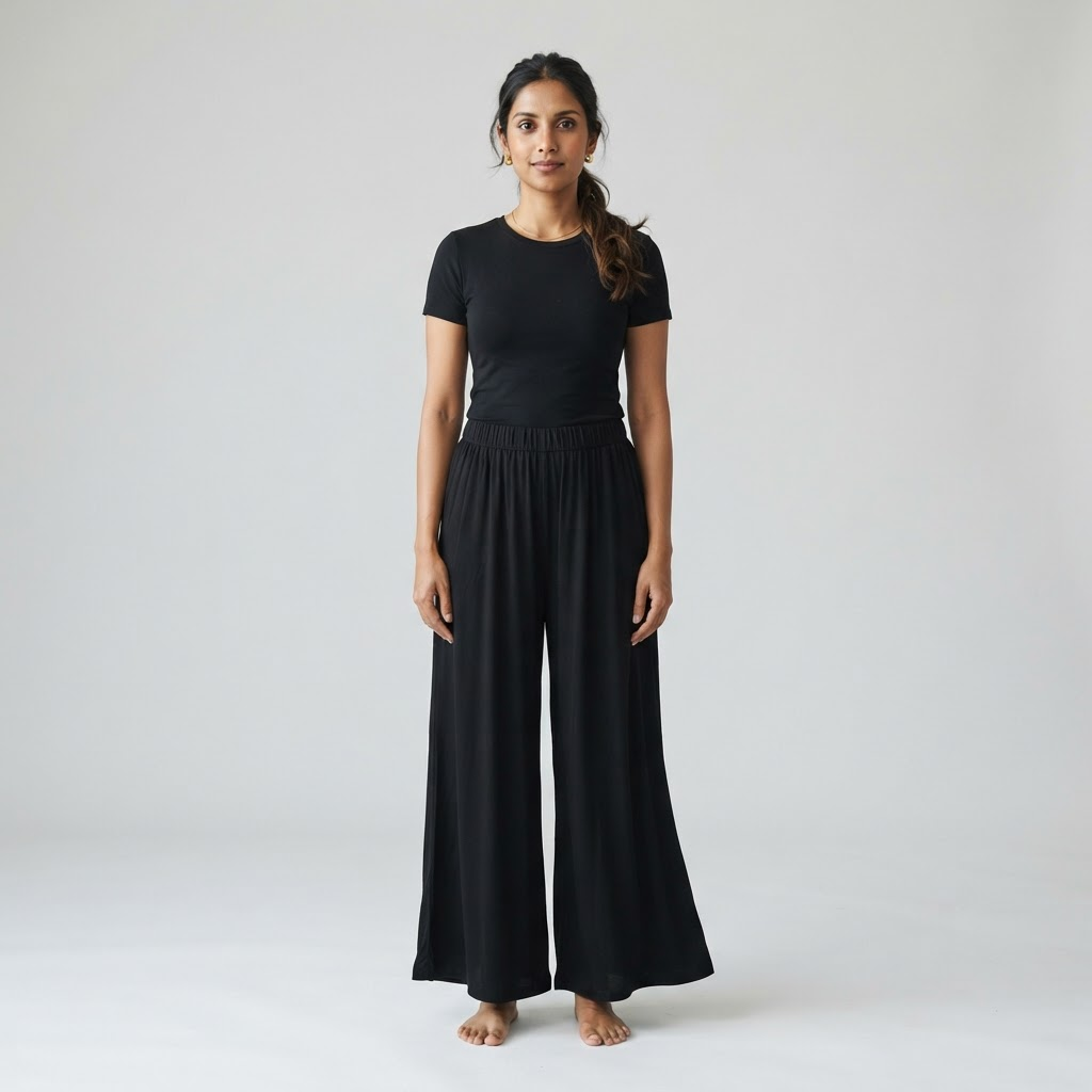 Indian woman wearing WOW QUEENS Palazzo Flow Pants in Noir Black