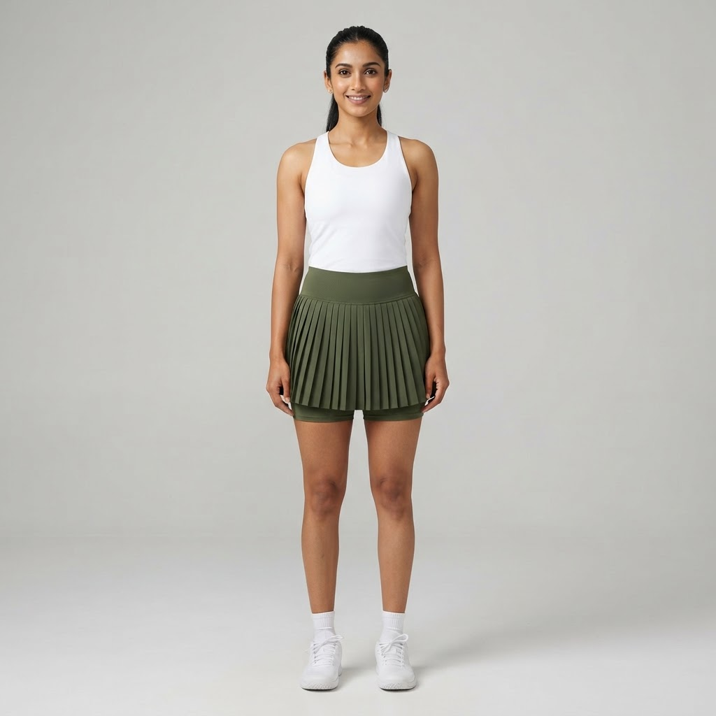 Indian woman wearing WOW QUEENS Pleated Tennis Skort in Forest Olive