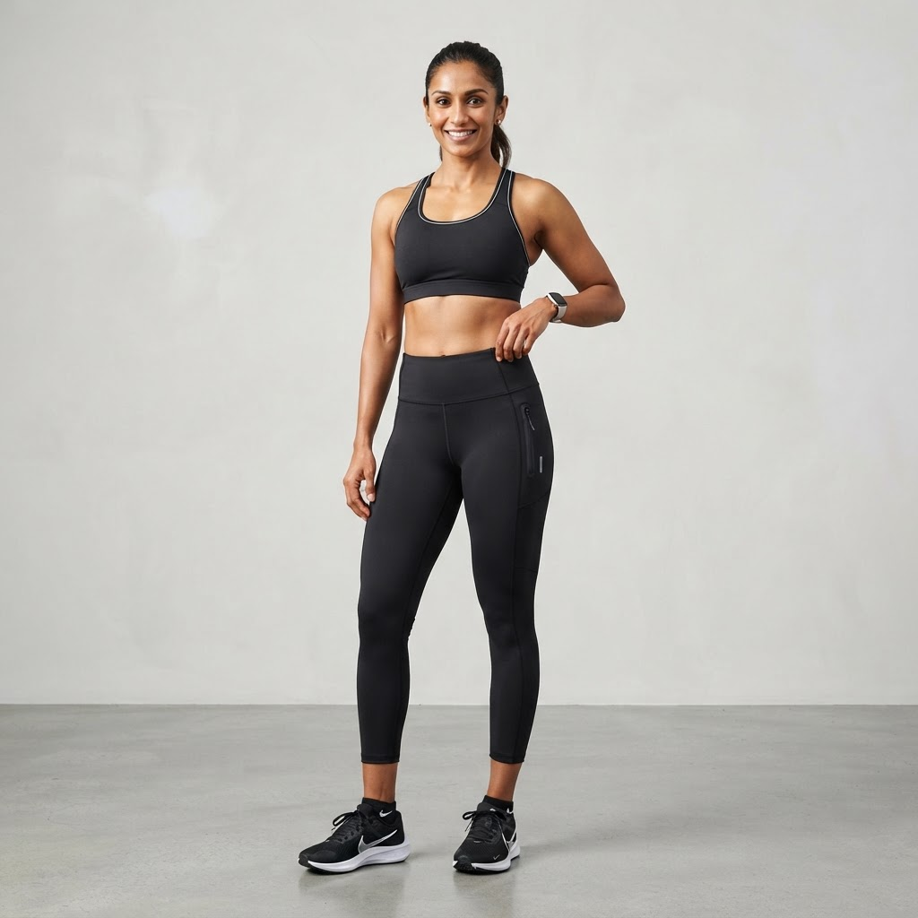Indian woman wearing WOW QUEENS Power Pocket 7/8 Leggings in Noir Black