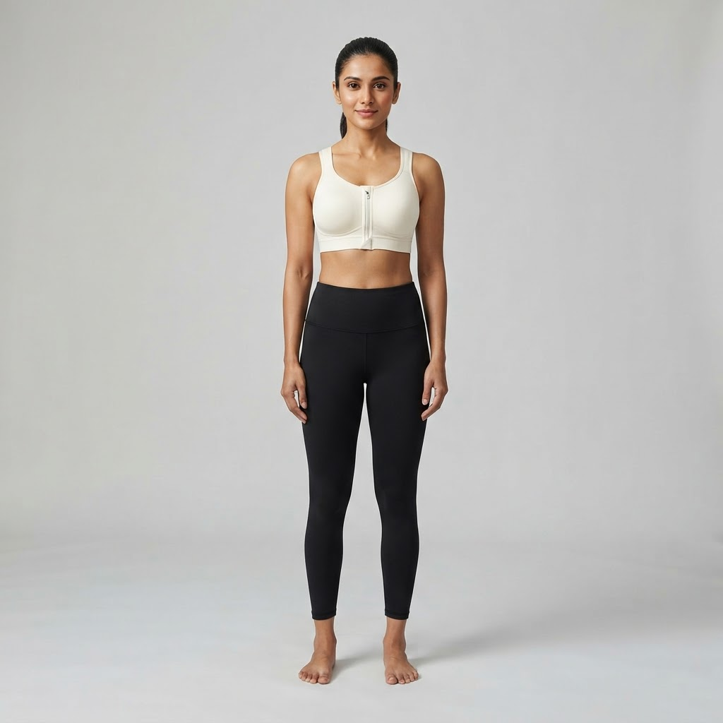 Indian woman wearing WOW QUEENS Quick-Release Front-Zip Bra in Ivory Cream