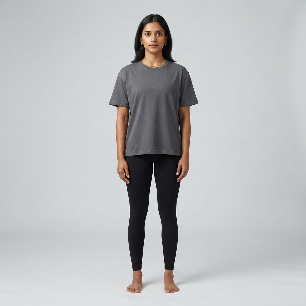 Indian woman wearing WOW QUEENS Relaxed Boxy Tee in Storm Charcoal