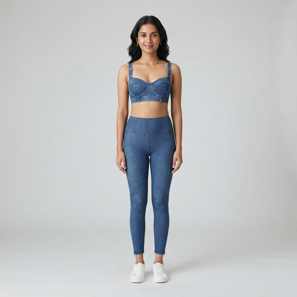 Indian woman wearing WOW QUEENS Retro Denim-Print Bralette in Denim Blue