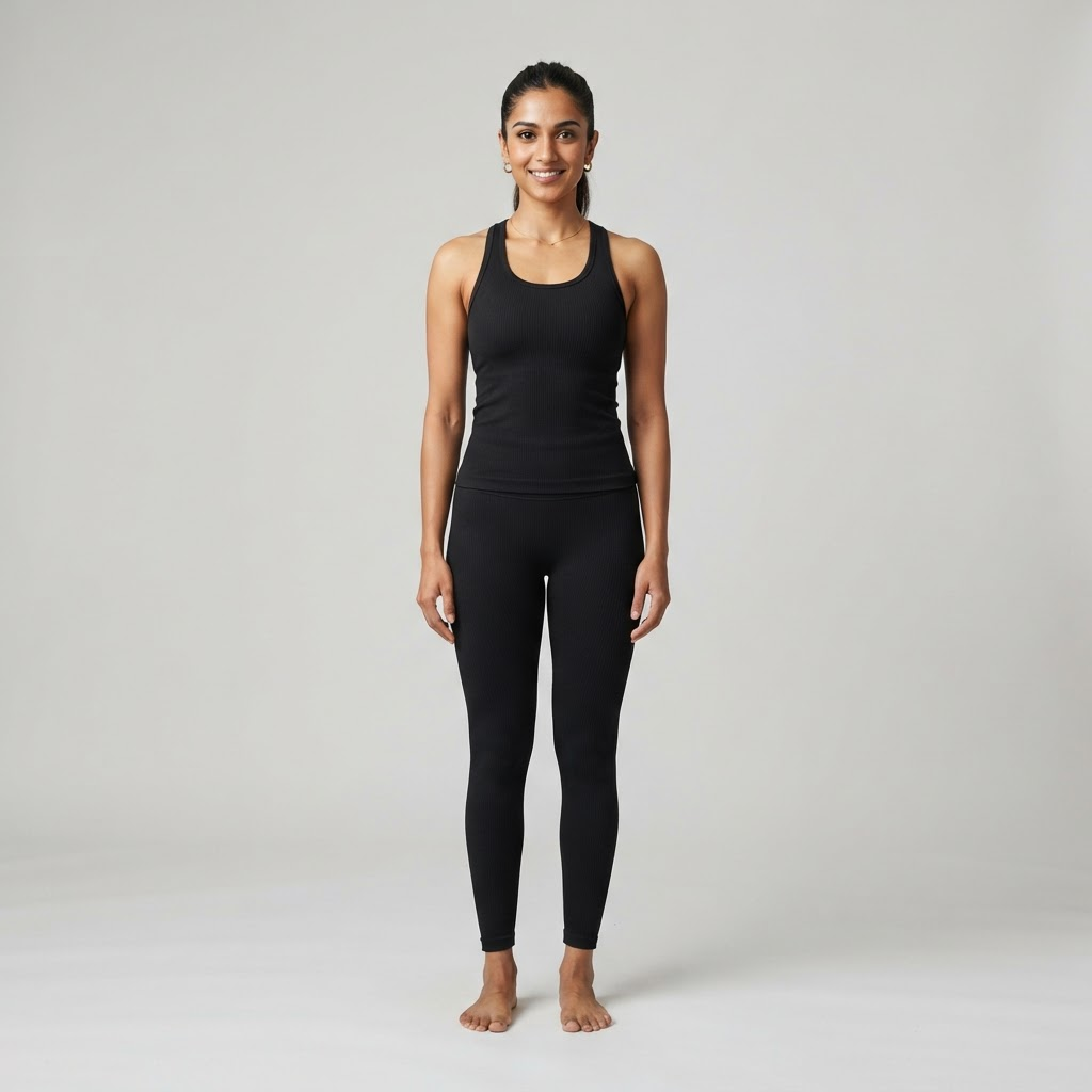 Indian woman wearing WOW QUEENS Rib Tank in Noir Black