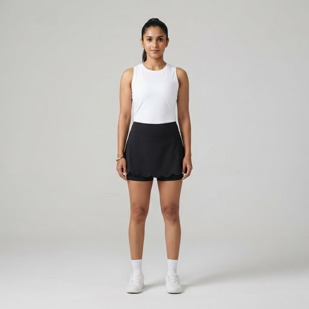 Indian woman wearing WOW QUEENS Scallop-Hem A-Line Skort in Noir Black