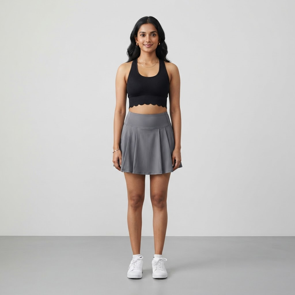 Indian woman wearing WOW QUEENS Scallop-Hem Racerback Bra Top in Noir Black