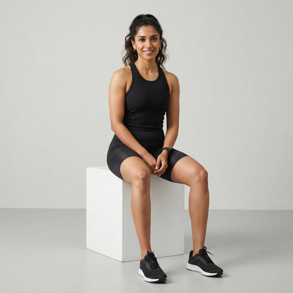 Indian woman wearing WOW QUEENS Sculpt Cycling Shorts in Noir Black