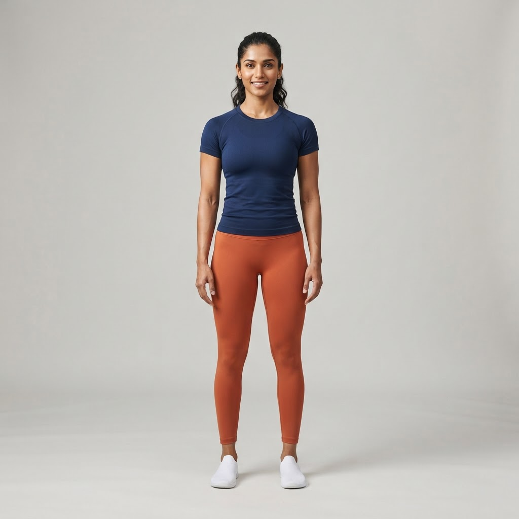 Indian woman wearing WOW QUEENS Seamless Four-Way Stretch Tee in Deep Navy